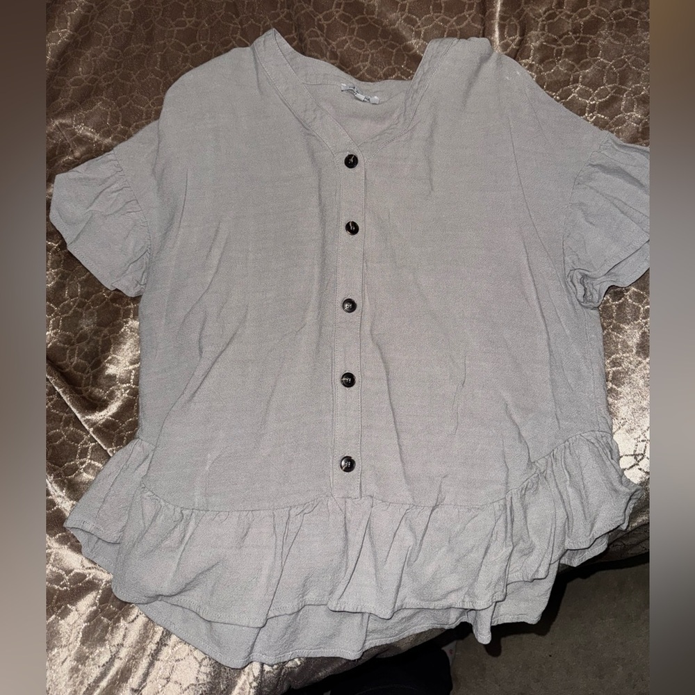 Gray Button-Up Ruffle Hem Top